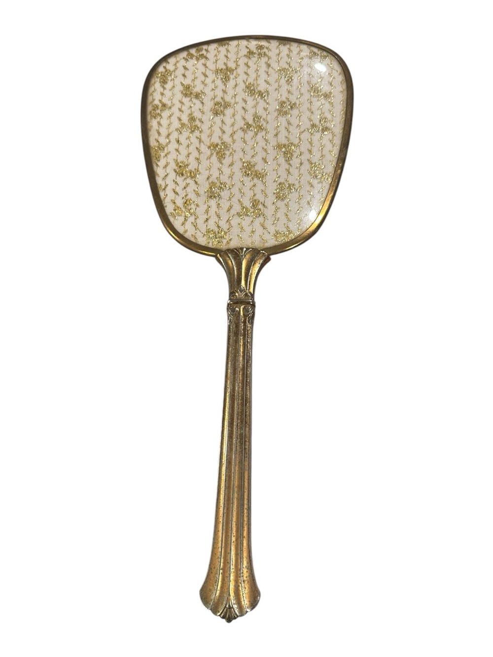 Vintage Gold-Tone Hand Mirror with Embroidered Gold-Thread Panel